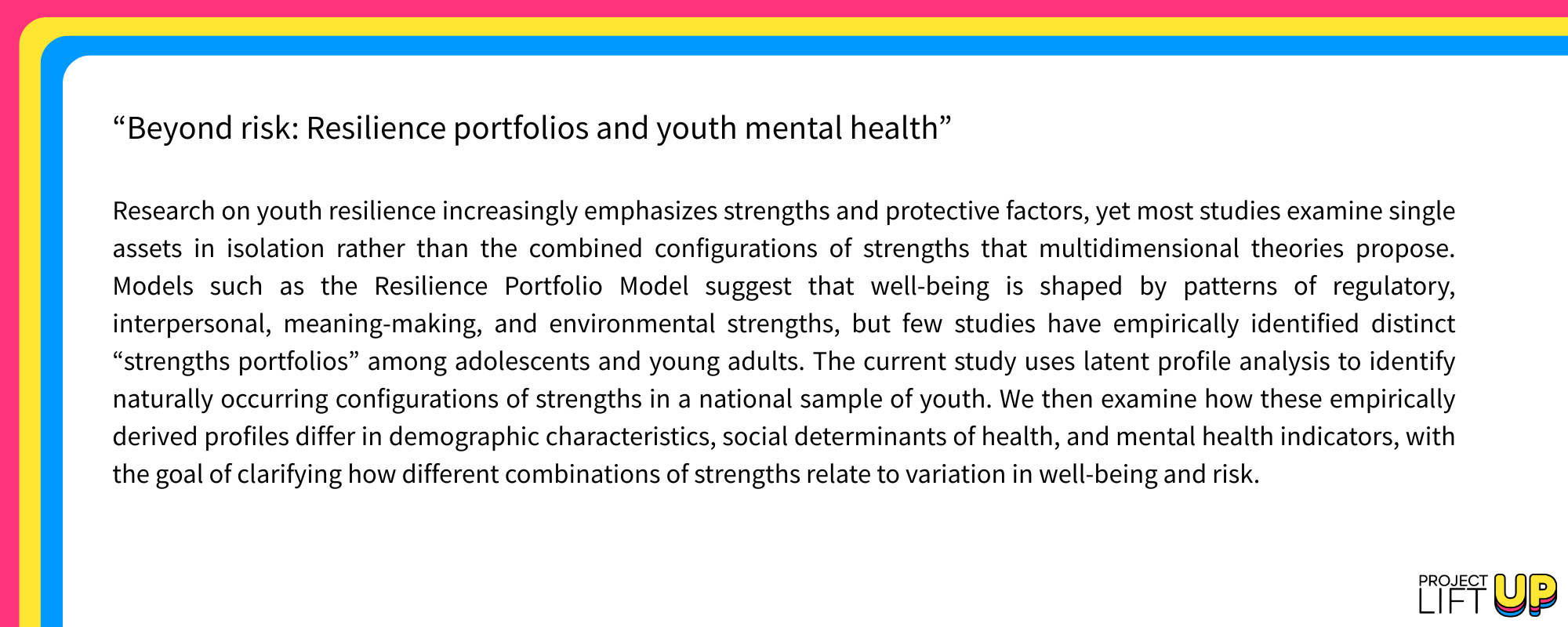 Beyond risk Resilience portfolios and youth mental health BRIEF