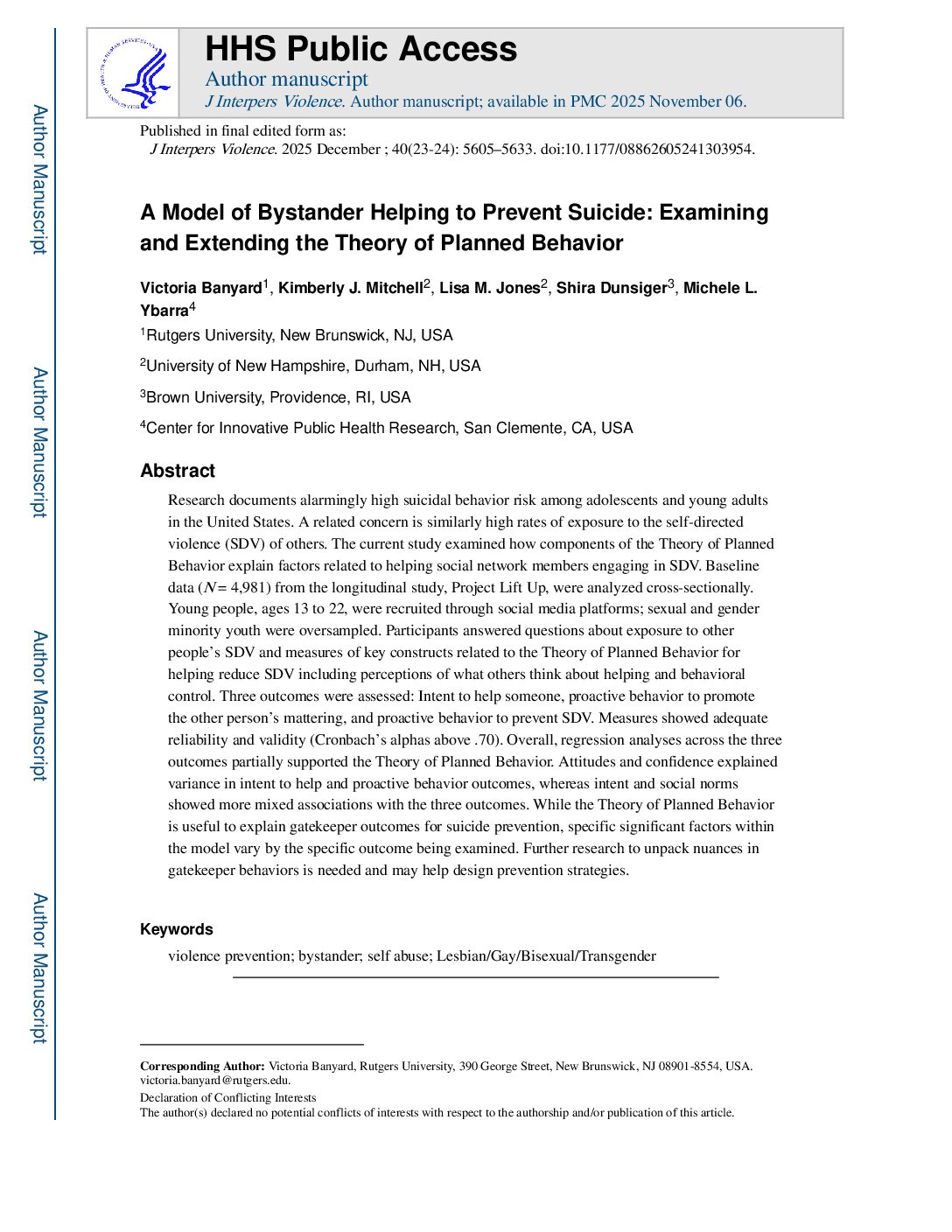 A Model of Bystander Helping to Prevent Suicide: Examining and Extending the Theory of Planned Behavior