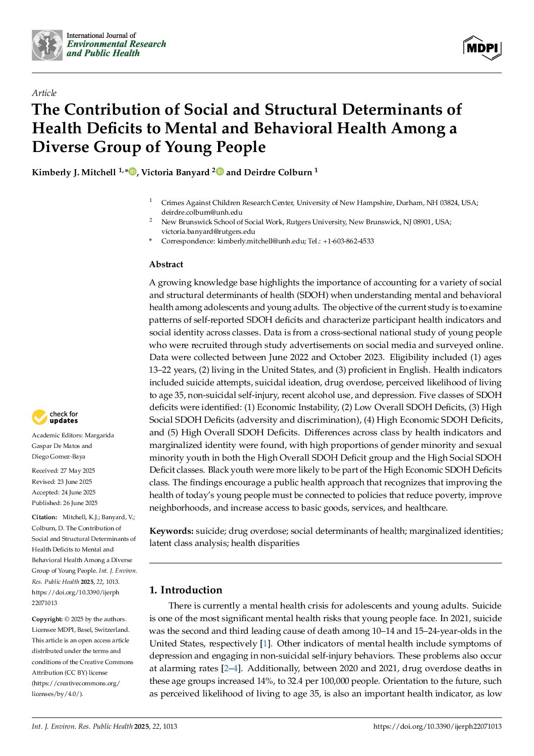 The Contribution of Social and Structural Determinants of Health Deficits to Mental and Behavioral Health Among a Diverse Group of Young People The Contribution of Social and Structural Determinants of Health Deficits to Mental and Behavioral Health Among a Diverse Group of Young People