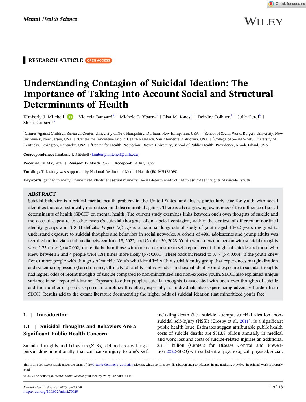 Understanding Contagion of Suicidal Ideation: The Importance of Taking Into Account Social and Structural Determinants of Health Understanding Contagion of Suicidal Ideation: The Importance of Taking Into Account Social and Structural Determinants of Health