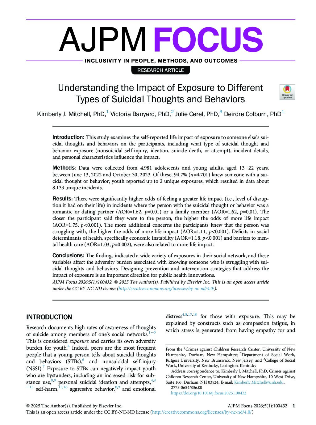 Understanding the Impact of Exposure to Different Types of Suicidal Thoughts and Behaviors